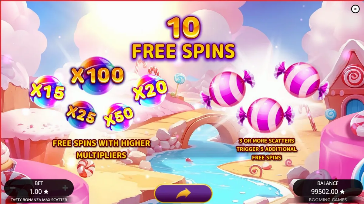 Interface colorida e vibrante do slot Tasty Bonanza Max Scatter