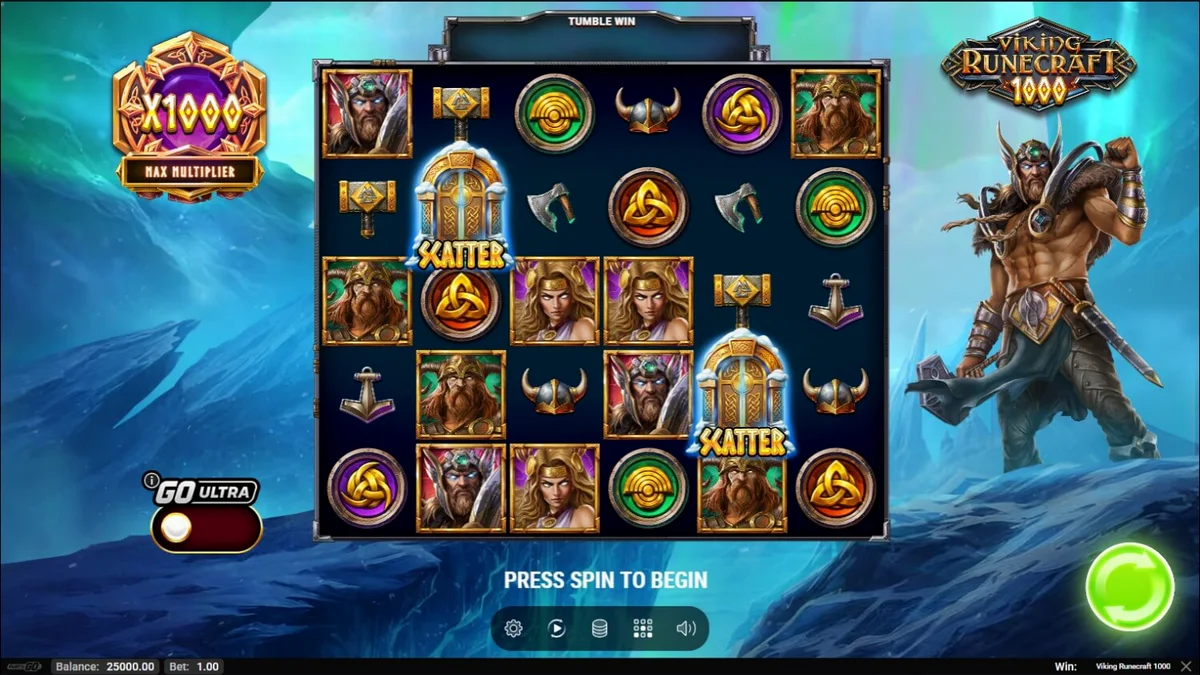 Interface de jogo do slot Viking Runecraft 1000 com deuses nórdicos