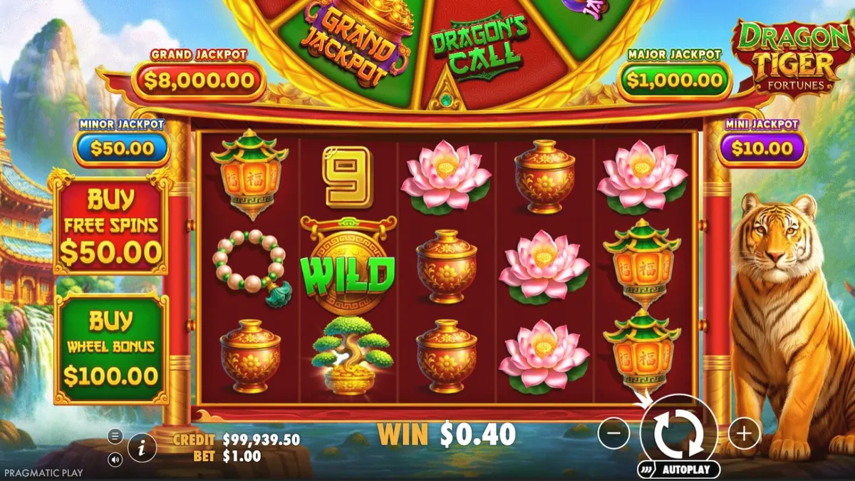 Dragon Tiger Fortunes slot interface com dragão e tigre