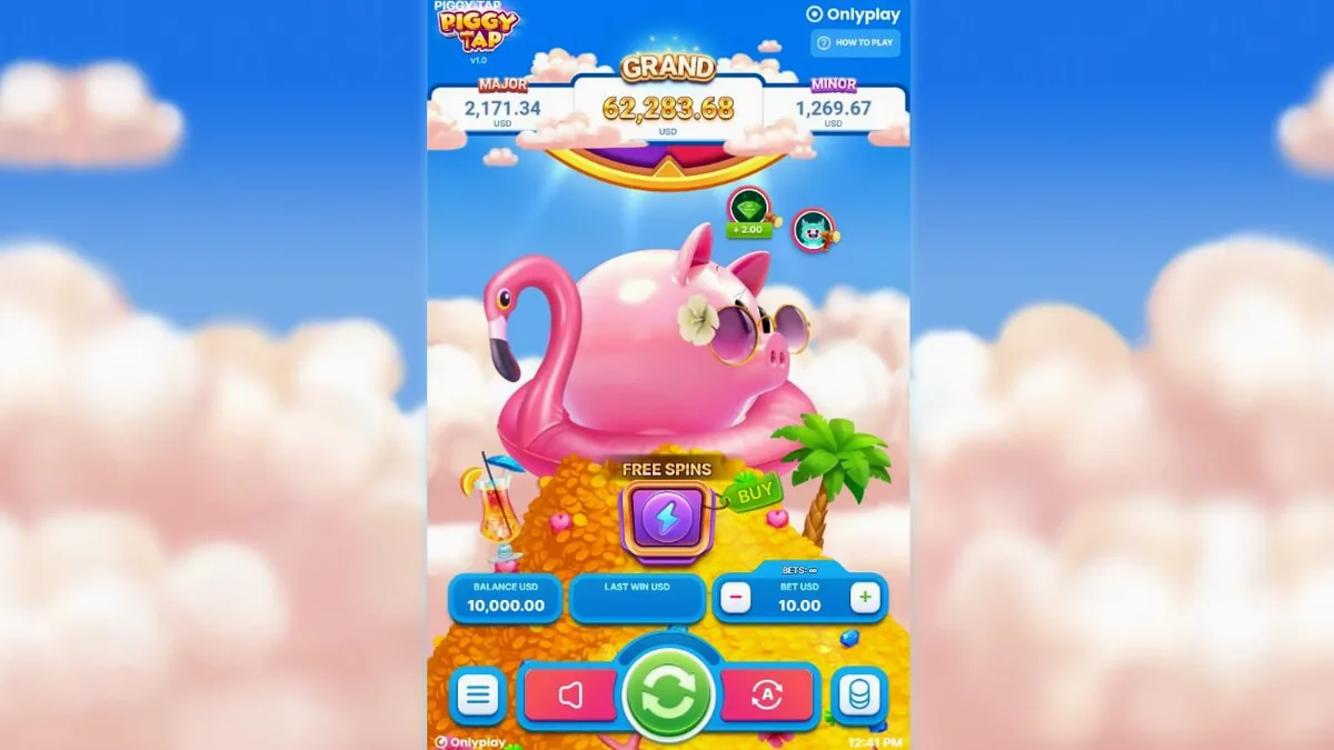 O porquinho de Piggy Tap relaxando em uma boia de flamingo em um cenário tropical luxuoso.