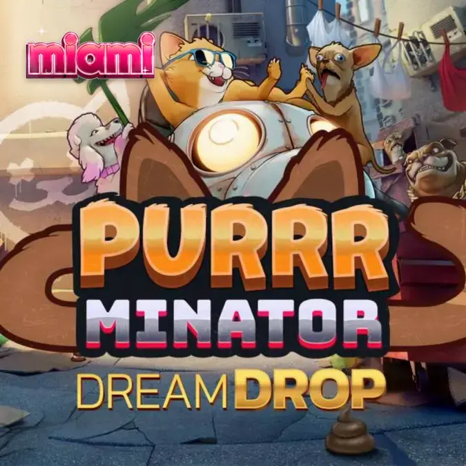 Interface do jogo Purrrminator Dream Drop em um dispositivo móvel mostrando o gato justiceiro e os símbolos de cães.